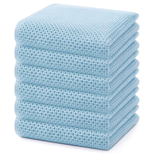 100% Cotton Waffle Weave Kitchen Dish Towels 6 (Sky Blue / 13 X 28 - 6 Pack)