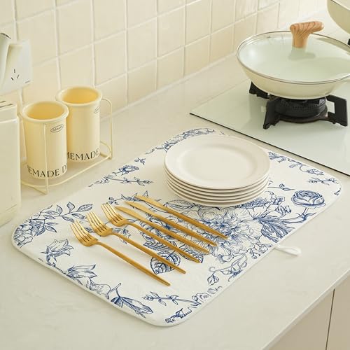 Chinoiserie Floral Dish Drying Mat 18 x 24 inch Vintage Blue Flower Decorative Drying Mats Microfiber Absorbent Dish Washable Draining Mat for Kitchen Counter Decor (18" x 18" / Chinoiserie)