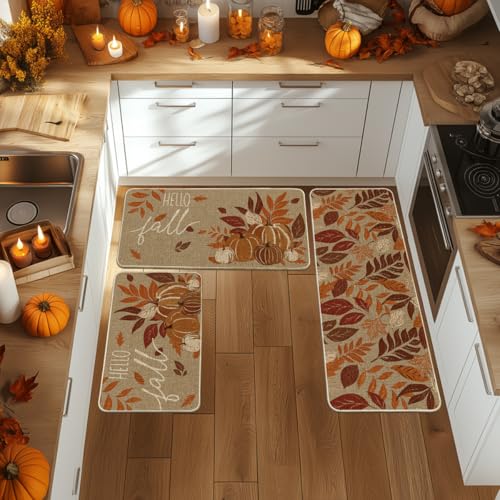 Maple Leaf Fall Kitchen Mats Set of 3 (17" x 29" /17" x 36" /17" x 47" / Orange)