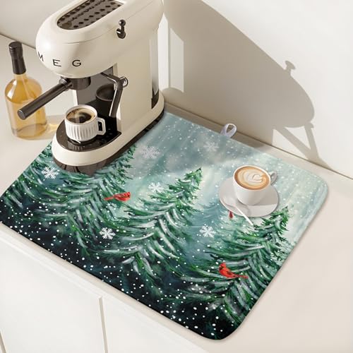 Welcome Winter Pines Tree Dish Drying Mat (Winter Pines Tree / 16" x 18")