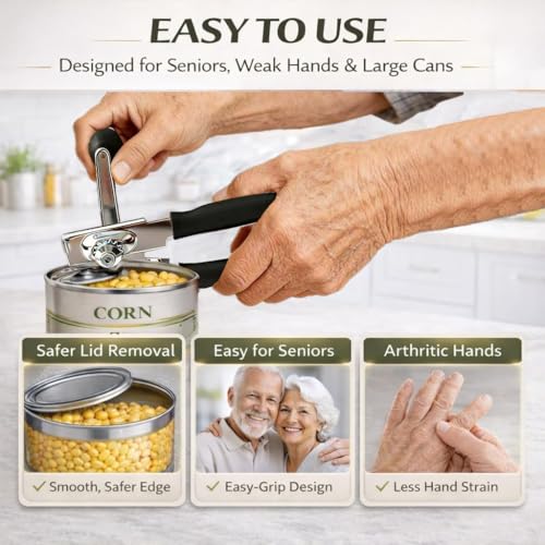 Heavy Duty Manual Can Opener for Seniors & Adults with Magnetic Lid Lifter (Black)