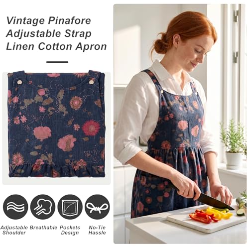 Vintage Apron for Women with Pockets Adjustable Straps for Kitchen (Navy Floral)
