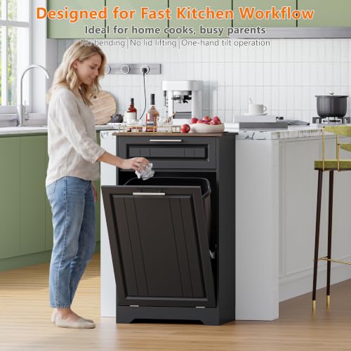 Single 10 Gallon Tilt Out Trash Can Cabinet with Deodorizing Function (Black / 13.11"D x 20.91"W x 35.2"H(Single))