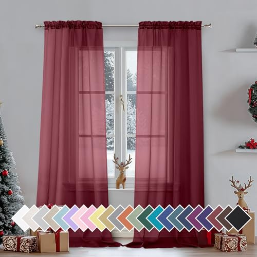 Sheer Window Curtain Panels 90 Inch Long 2 Pieces (42"W x 90"L (Pack of 2) / Burgundy)