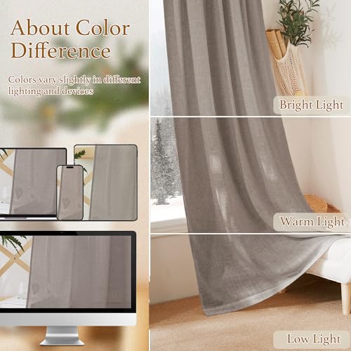 Farmhouse Boho Linen Sheer Curtains 90 inches Long for Living Room (Birch Brown / 52"W x 90"L (Pack of 2))