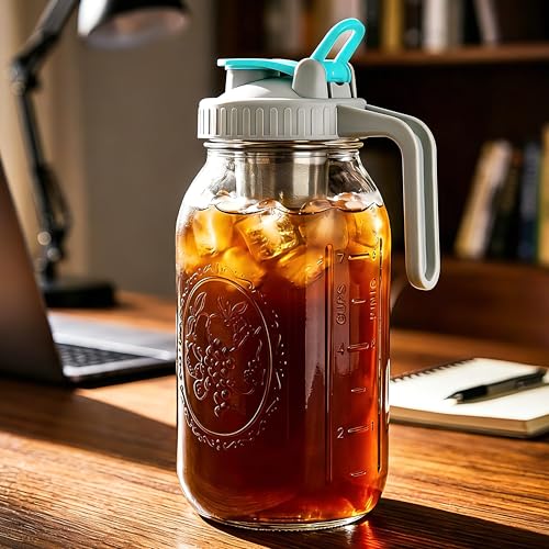 Mason Jar Cold Brew Coffee Maker 32 Oz Wide Mouth Cold Brew Pitcher 1 Quart Airtight & Leakproof Mason Jar Pitcher With Stainless Steel Fine Mesh Filter For Coffee (32 OZ Cold Brew Coffee Maker Blue)