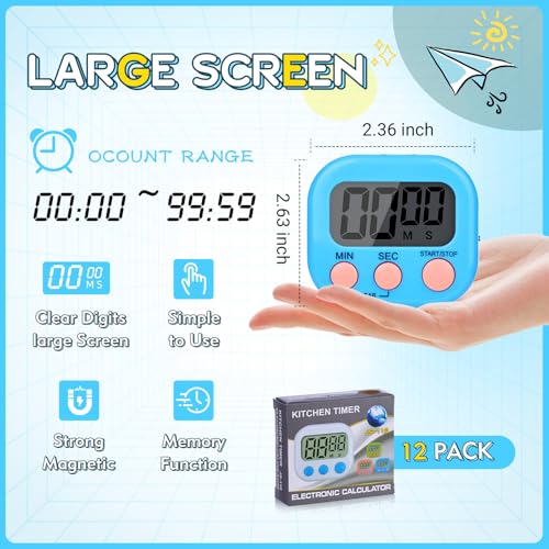 Digital Timers for Classroom Kids Kitchen Timers for Cooking 12 Pc (Pink, Blue, Green, Orange / 12Pcs)
