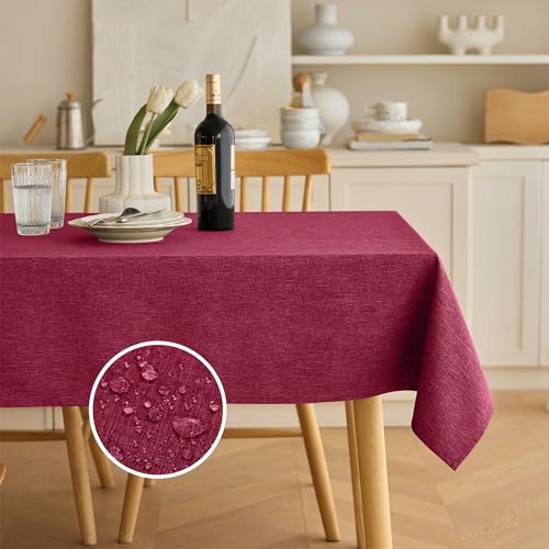 Christmas Red Waterproof Faux Linen Rectangle Tablecloth (Burgundy / 120" x 60" (Rectangular))