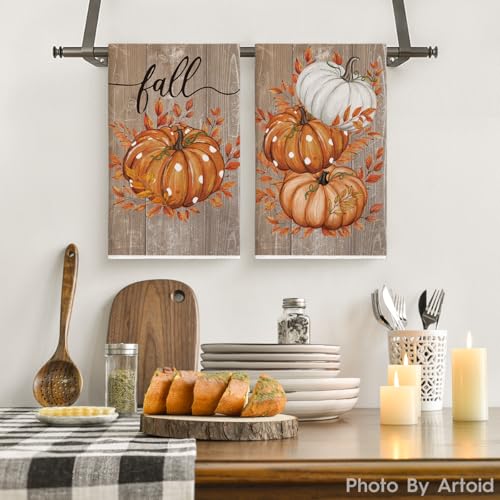 Wood Pumpkin Leaves Fall Kitchen Towels Set of 2 18x26 Inch (Wood/Orange)
