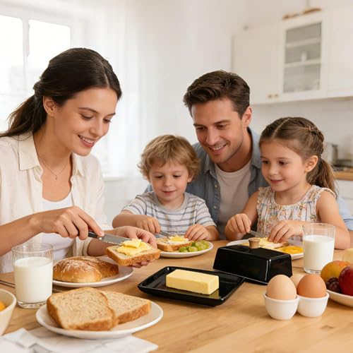 Ceramic Black European Butter Dish with Lid for Countertop (Black / 7 Inch)