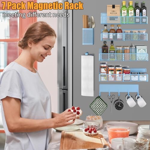 Magnetic Spice Rack for Refrigerator (Blue / 7 Pack)