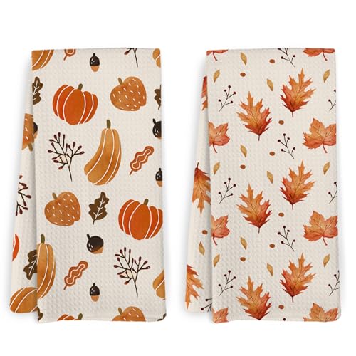 Fall Leaf Pumpkin Kitchen Towels and Dishcloths Set of 2 (Pumpkins and Leaves)