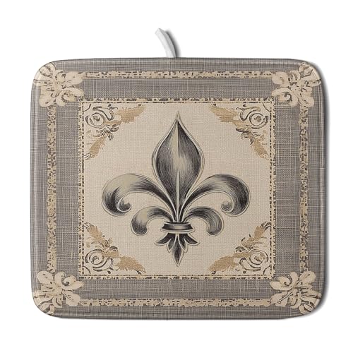 Mardi Gras Dish Drying Mat for Kitchen Vintage Fleur De Lis Print Dish Drainer Mats 16x18inch Country Style Dish Drying Rack Pad Protector for Countertop Dining Holiday Decor (18" x 16")