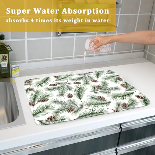 Winter Dish Drying Mat for Kitchen Counter Pine Needle Cone Festival Xmas Microfiber Absorbent Dish Draining Reusable Washable Foldable Extra Large 18"x24" (24" x 18")