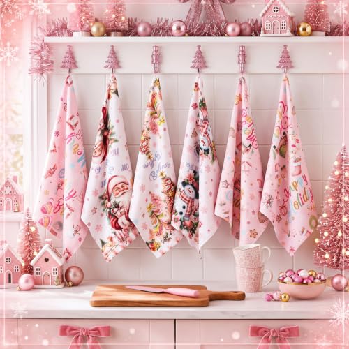 6 Pcs Pink Christmas Kitchen Towels Santa Claus Funny Dishcloth (Pink Christmas)