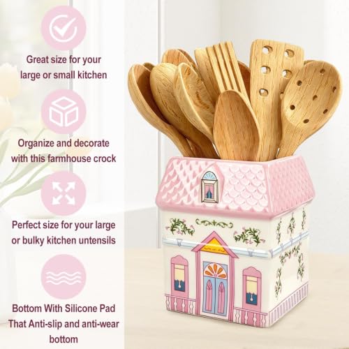 3D Pink House Ceramic Utensil Holder Cute Bow House Utensil Crock Cooking Tool Storage Organizer Container for Farmhouse Home Kitchen Countertop Decor