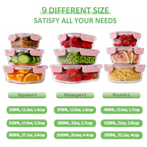 18 Piece Glass Food Storage Containers with Snap Locking Lids for Meal Prep (Pink / 9 Pack)