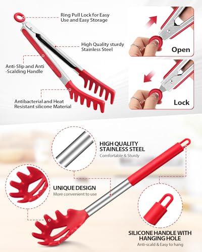 Silicone Spaghetti Spoon and Pasta Tong (Red)