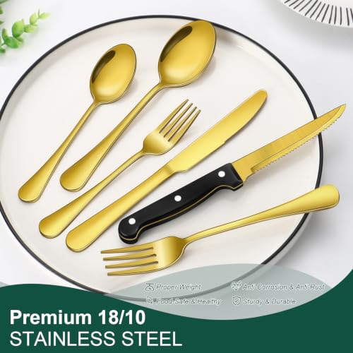 24 Piece Gold Silverware Set with Steak Knives Black Stainless Steel Flatware Set for 4 Food Grade Tableware Cutlery Set Rust (24Pcs-C)