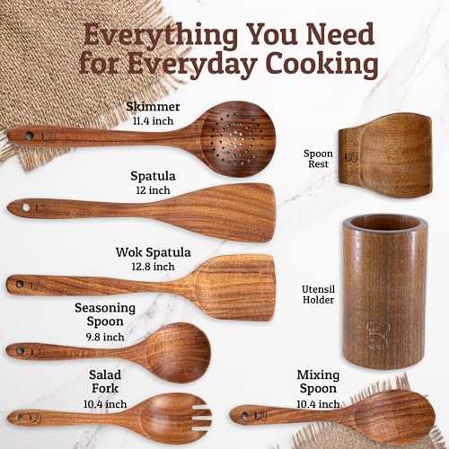PriorityChef Wooden Spoons for Cooking (6Pc Set + Holder + Rest)