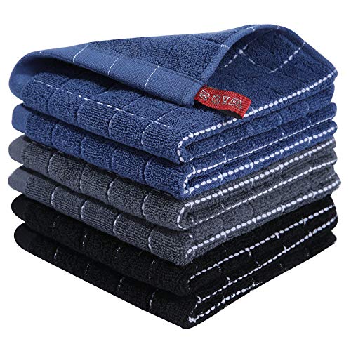 100% Cotton Terry Kitchen Dish Cloths (Navy+grey+black / 12 X 12 - 6 Pack)
