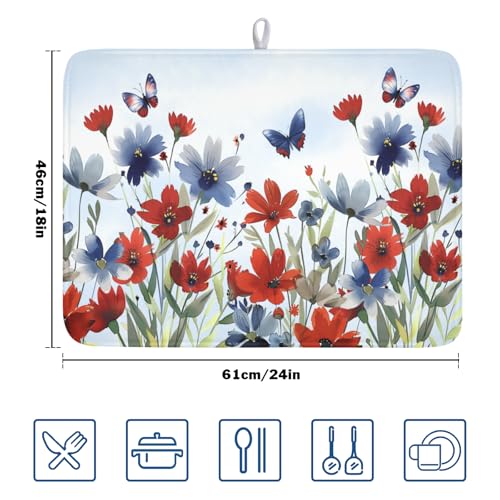 4th of July Dish Drying Mat for Kitchen Counter 18 x 24 Inch Patriotic Floral Dish Drainer Mat Absorbent Microfiber Independece Day Dish Rack Pad for Coffee Dining Bar Decor (Blue Red / 18" x 24")