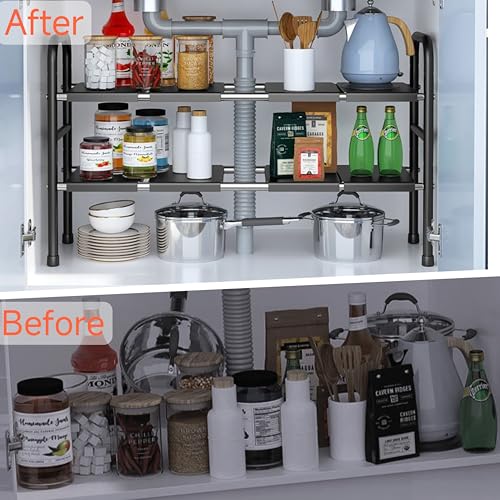 Expandable Under Sink Organizer with 10 Removable Panels (Brown / Large)
