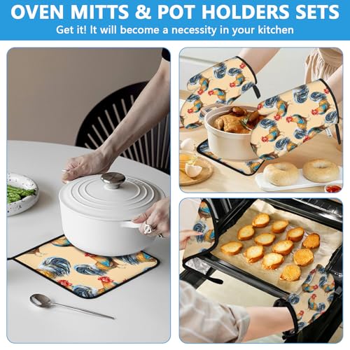 Watercolor Rooster Oven Mitts and Pot Holders Sets Heat Resistant 4Pcs Potholders Oven Gloves Hot Pads for Kitchen Baking Cooking Grilling BBQ (Watercolor Rooster)