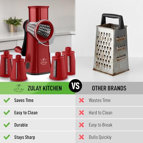 Rotary Cheese Grater Manual Hand Crank 5 Blade Shredder (5 Blades / Red)