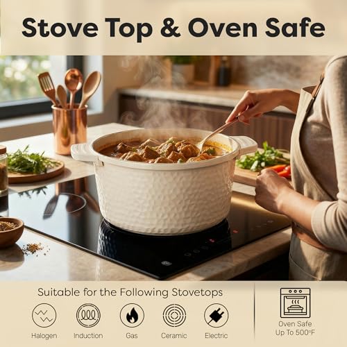 Hammered 5 Qt Lightweight Dutch Oven Pot with Lid & Holders (Hammered Cream)