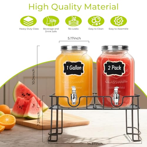 2 Pack 1 Gallon Glass Drink Dispensers with Ice Core for Party (1 Gallon with Wooden Lid)