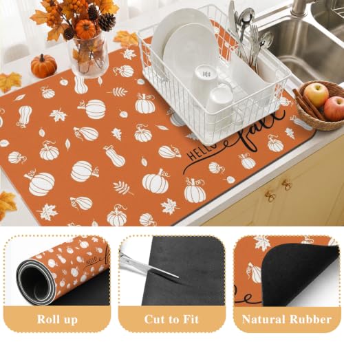 Fall Dish Drying Mat Autumn Decor Kitchen Countertop (Orange 2 / 24" x 18")