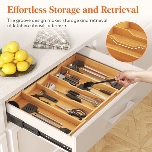 Bamboo Utensil Organizer for Kitchen Drawer (Natural / 15.6~28''W x 18.5'' D)