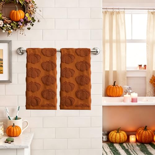 Fall Hand Towels 13.7x29.5 inch Set of 2 Autumn Thanksgiving 3D Rust Pumpkin Reversible Soft Absorbent Decorative Towels for Bathroom Kitchen Bar MJ03A (Rust Pumpkin / 13.7'' x 29.5'')