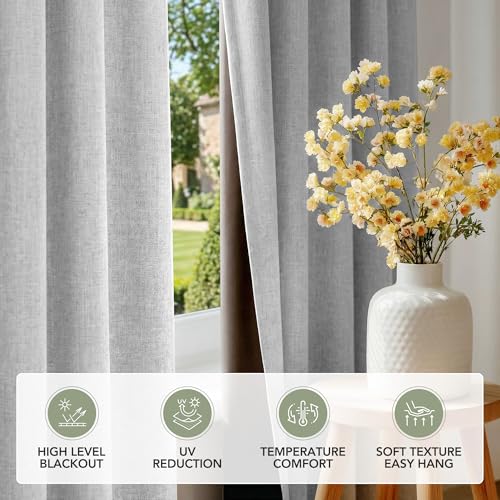 100% Blackout Linen Curtains for Bedroom Living Room 63 Inch Long (Light Grey/100% Blackout / 52"W x 63"L (Pack of 2))