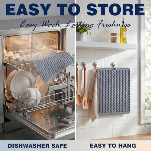 2 Pack Caketime Silicone Dish Drying Mat for Kitchen Counter Multiple Usage for Cooking Grilling Under Sink Office Coffee Accessories Appliances Pioneer Woman Stuff Extra Large 18"x16" Blue (Blue / 18"*16")