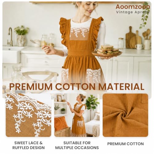 Aoomzoom Vintage Aprons for Woman with Pockets Cute Lace Ruffle Adjustable Apron for Cooking Kitchen Baking Gardening (Orange Yellow)