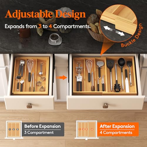 Bamboo Utensil Organizer for Kitchen Drawer (Natural / 11.9~21.7'' W x 15.75'' D)