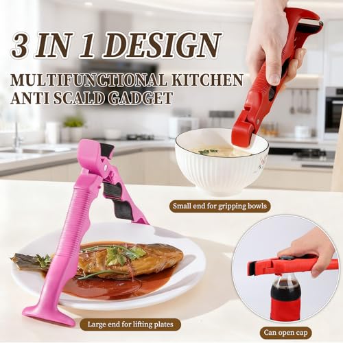 3-in-1 Hot Plate Gripper, Hot plate gripper,Non-Slip Anti-Scald Ironing Dish Clamp,for Hot Bowl Cozy Holder, Hot Plate Gripper Tongs (Red + Red) (Red + Red)