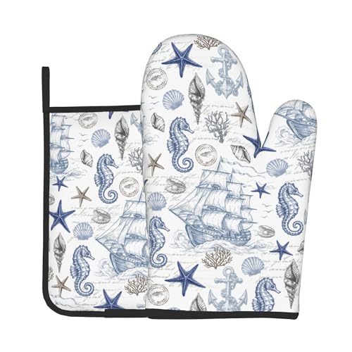 Navy Blue Oven Mitts and Pot Holders Sets Summer Beach Starfish Seashell Oven Glove Hot Pads for Kitchen Nautical Chef Gifts for Cooking Lover Cooks (Ocean Nautical)