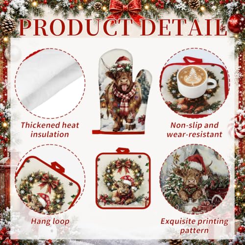 10 Pcs Christmas Highland Cow Kitchen Decor and Accessories Set Farmhouse Rustic Kitchen Towels Pot Holders Oven Mitts Rugs and Tape for Baking Cooking BBQ Housewarming Gifts (Brown / Christmas Cow)