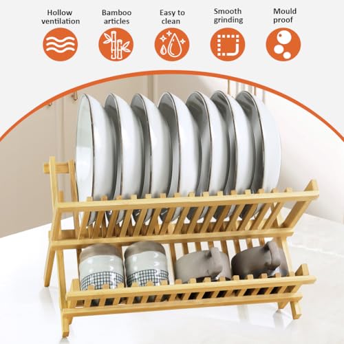 Bamboo Dish Drying Rack 2 Tier Foldable Plate Organizer Collapsible Plate Organizer Holder for Kitchen Countertop
