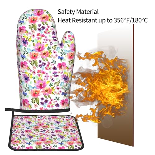 Floral Oven Mitts and Pot Holders Sets Spring Summer Kitchen Mitts Colorful Blossom Potholders 2PCS Wildflower Oven Gloves Hot Pads for Kitchen Baking Cooking (Multicolor Spring Summer Flowers)