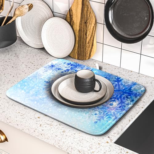 16"x18" Winter Blue Snowflakes Dish Drying Mat Christmas Snow Falling Nature Ice Dish Drainer Mats for Kitchen Microfiber Reversible Dish Drying Rack Pad for Countertop Tabletop Decor (18" x 16")