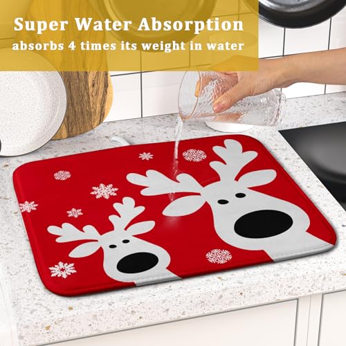Xmas Dish Drying Mat for Kitchen Counter Cute Reindeer Holiday Snowflake Microfiber Absorbent Dish Draining Reusable Washable Foldable 16"x18" (18" x 16")
