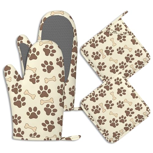 Dog Bone Paw Print Pot Holders and Oven Mitts Set Silicone Cute Animal Paws Kitchen Gloves Potholders Heat Resistant Washable (Dog Bone Paw Print,cute Animal Paws)