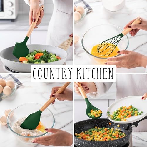 Non Stick Silicone Utensil Set with Rounded Wood Handles for Cooking and Baking (14 Piece Set / Green)