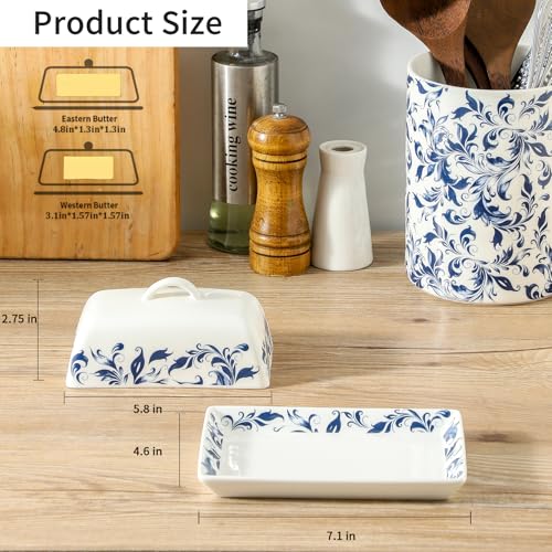 Ceramic Butter Dish with Lid Blue and White Vintage Floral Butter Container (white 2)