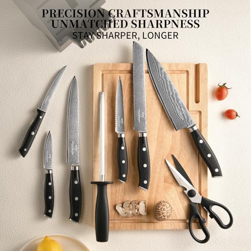 Damascus Kitchen Knife Set 14 Pieces with Shears & Sharpener (Black / 14 Pieces)