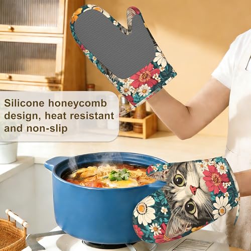 Cute Cat Oven Mitts and Pot Holders Set of 4 (Cute Cat Blooming Colorful Flowers)